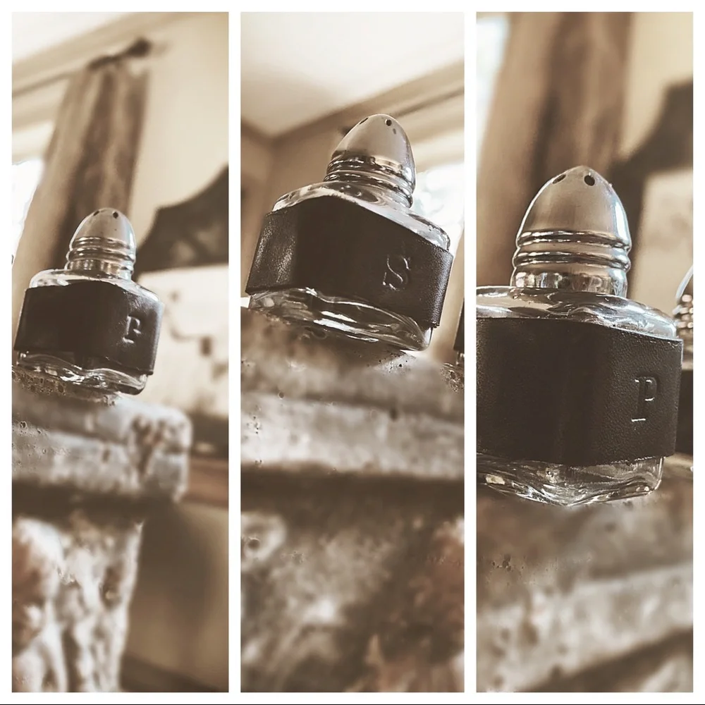 Mini Glass Salt & Pepper Shakers Set | Hand-Wrapped Rustic Italian Leather